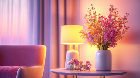 A cozy living room scene featuring pink flowers in a stylish vase, complemented by soft lighting and elegant decor, creating a serene atmosphere for relaxation.の素材