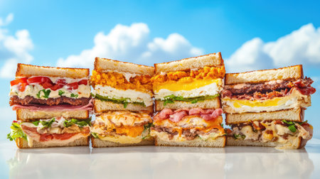 A visually striking display of various gourmet sandwiches featuring fresh ingredients and vibrant colors set against a clear blue sky, perfect for food lovers.の素材
