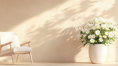 This image showcases a cozy interior featuring an elegant chair beside a vibrant flower arrangement. The warm light enhances the inviting atmosphere.の素材