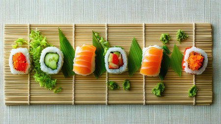 A stunning arrangement of colorful sushi rolls on a bamboo mat, featuring fresh ingredients and garnishes, showcasing culinary artistry and tradition.の素材