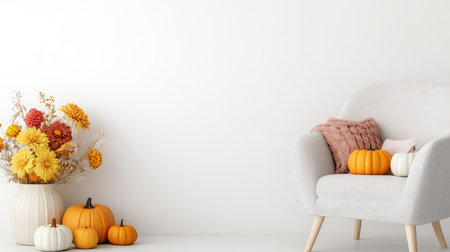 A cozy living room scene capturing the essence of autumn, featuring pumpkins and a vibrant floral arrangement against a clean white wall backdrop.の素材