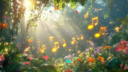 A magical scene of an enchanted forest featuring vibrant flowers and floating musical notes, illuminated by warm sunlight, creating a serene and enchanting atmosphere.の素材