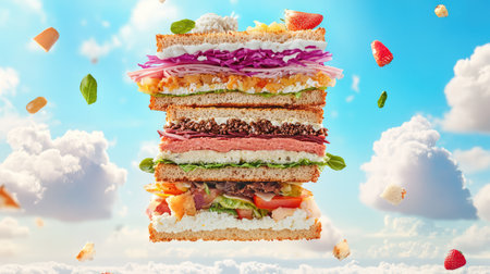 A vibrant, colorful layered sandwich showcasing a variety of fresh ingredients, beautifully presented against a bright blue sky with fluffy clouds, symbolizing culinary creativity.の素材