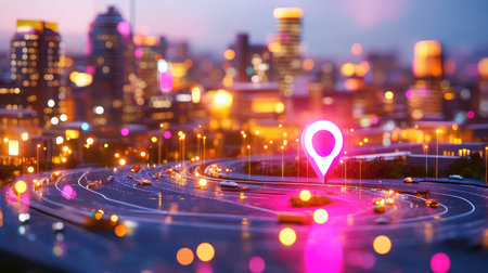 A captivating cityscape showcasing a bustling roadway at dusk, highlighted by a large location pin amidst shimmering urban lights, creates a dynamic atmosphere.の素材
