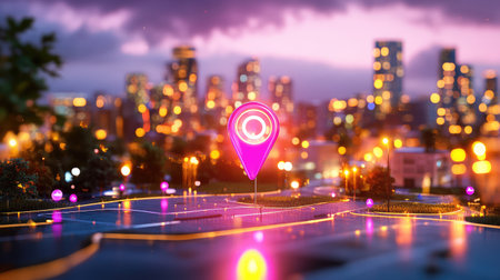 A stunning cityscape showcasing a vibrant night atmosphere with a glowing location pin set against illuminated buildings, perfect for travel and tech themes.の素材