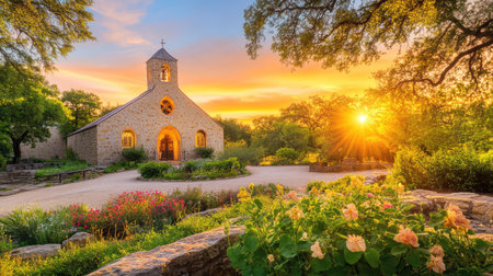 A picturesque scene showcasing a stone church bathed in golden sunset light, framed by lush gardens filled with blooming flowers, creating a serene escape.の素材
