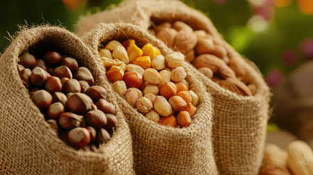 A picturesque display of assorted nuts in burlap sacks set against a vibrant natural background. Ideal for promoting healthy eating, snacks, and culinary themes.の素材