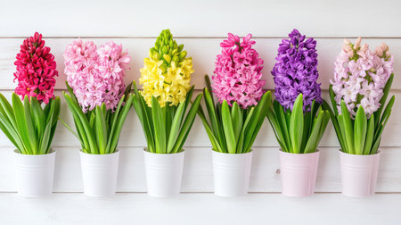 A beautiful collection of vibrant hyacinth flowers in pots showcases a range of colors ideal for spring decor. Perfect for enhancing indoor spaces.の素材