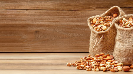 Two burlap sacks filled with various nuts rest on a wooden surface, creating an inviting natural ambiance perfect for any food-related projects.の素材