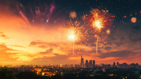 Captivating scene of colorful fireworks bursting in the sky over a bustling city skyline at dusk, making it a perfect festive celebration backdrop.の素材