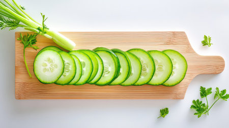 Freshly sliced cucumbers and vibrant green onion arranged on a wooden cutting board, showcasing a healthy ingredient for salads and culinary dishes.の素材