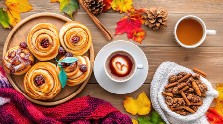 Enjoy a cozy autumn morning with freshly baked cinnamon rolls, aromatic coffee, and vibrant leaves on a rustic wooden table. Perfect for fall!の素材