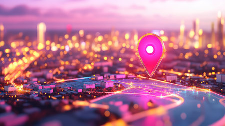 Stunning cityscape capturing a vibrant map pin over a blurred urban background at dusk, symbolizing navigation, travel, and modern exploration.の素材