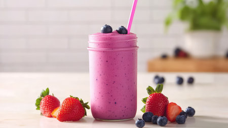 A vibrant berry smoothie presented in a mason jar, surrounded by fresh strawberries and blueberries, perfect for a healthy snack or breakfast choice.の素材