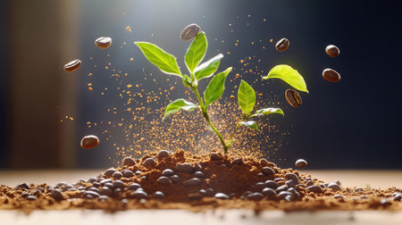A captivating image showcasing a fresh coffee plant emerging from rich soil, surrounded by coffee beans, highlighting the beauty of nature and growth.の素材