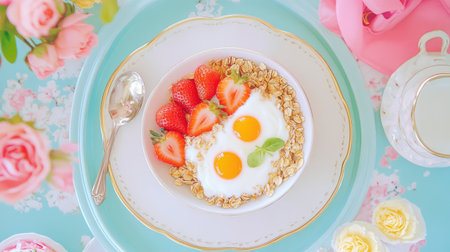 A vibrant breakfast bowl featuring oats, fresh strawberries, and sunny-side-up eggs, elegantly presented on a pastel table setting. A perfect morning meal.の素材
