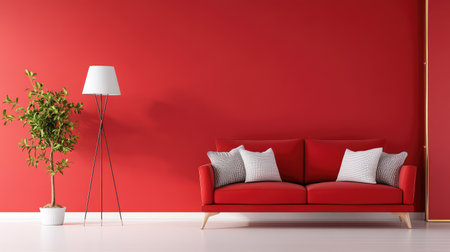 This stylish living room features a vibrant red wall and a modern red sofa adorned with decorative cushions, creating a cozy and inviting atmosphere. A green plant and sleek floor lamp enhance the decor, ideal for inspiration in contemporary home styling.の素材