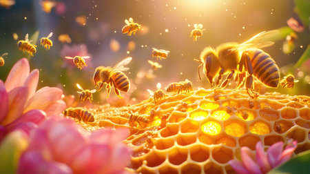 A stunning close-up scene featuring bees pollinating vibrant flowers and golden honeycomb, illuminated by gentle sunlight, showcasing nature's beauty and harmony.の素材