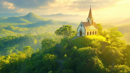 A breathtaking view featuring a charming church perched on a hill, surrounded by vibrant greenery and majestic mountains, illuminated by a stunning sunset sky.の素材