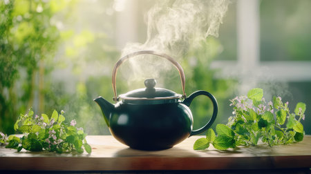 A charming black teapot releases steam amidst fresh mint leaves in a serene kitchen environment, evoking warmth and tranquility for tea enthusiasts.の素材