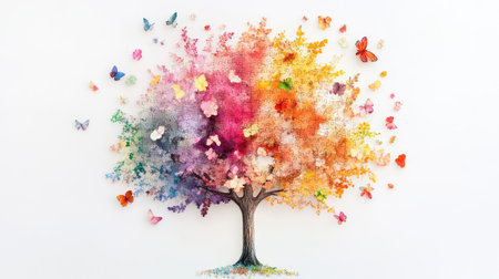 A vibrant artistic depiction of a colorful tree surrounded by butterflies and blooming flowers, creating a joyful and tranquil scene perfect for decoration.の素材