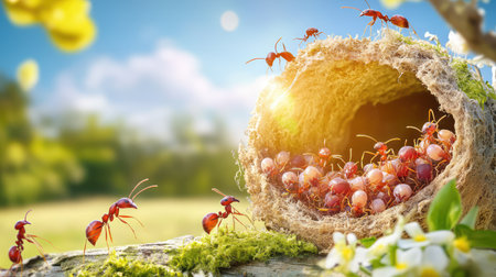 This captivating image showcases an ant colony with active workers gathering food near their nest in a vibrant outdoor setting, illuminated by sunlight.の素材