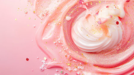 This vibrant image showcases a swirled creamy mixture enhanced with sparkling pink glitter and colorful sprinkles, perfect for dessert and beauty themes.の素材
