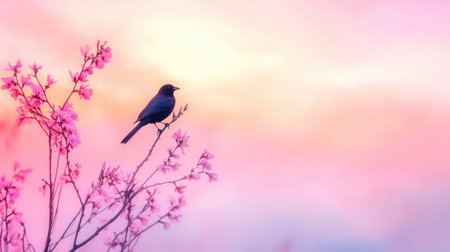 A serene black bird perches delicately on a branch adorned with pink blossoms, set against a soft and colorful sunrise sky, capturing nature's beauty.の素材