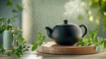 A captivating black teapot releases steam while resting on a wooden board. Surrounded by fresh mint leaves and herbs, this serene kitchen scene evokes feelings of tranquility and warmth, perfect for inspiring a cozy tea experience.の素材