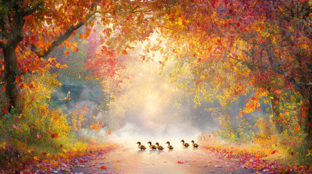 This enchanting autumn landscape features vibrant foliage and a group of ducks walking along a misty pathway, creating a tranquil atmosphere in nature.の素材