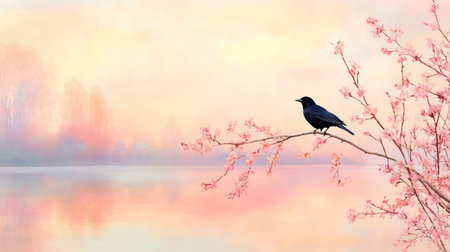 A tranquil morning scene depicts a black bird perched on a blossoming tree branch, reflecting beautifully in serene water at dawn, capturing nature's elegance.の素材