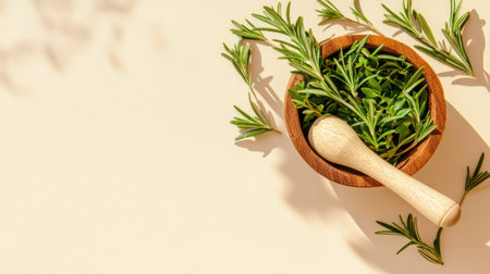 This image showcases fresh rosemary leaves elegantly arranged in a wooden bowl with a mortar, perfect for culinary recipes, natural themes, and herbal wellness.の素材