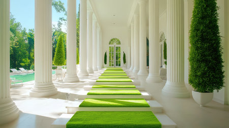 Stunning interior space featuring a pathway adorned with vibrant greenery, surrounded by grand columns and an inviting swimming pool. Ideal for serene retreats.の素材