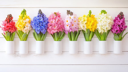 A stunning collection of colorful flowers arranged in white vases, showcasing a vibrant palette against a rustic wooden backdrop, perfect for home decor.の素材
