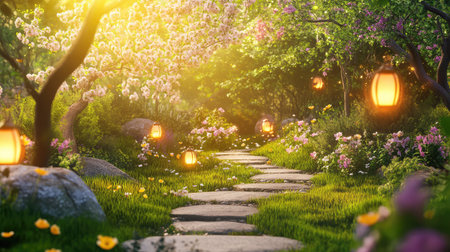 This captivating image depicts a serene pathway winding through a lush garden adorned with vibrant blossoms and illuminated lanterns, inviting calm and tranquility.の素材