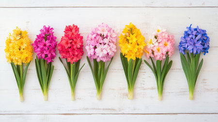 A vibrant arrangement of freshly bloomed hyacinths in various colors showcases the beauty of nature. Perfect for springtime celebrations or floral design.の素材