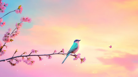 A vibrant bird sits gracefully on a cherry blossom branch, surrounded by soft pastel hues of a dreamy sky, evoking tranquility and beauty in nature.の素材
