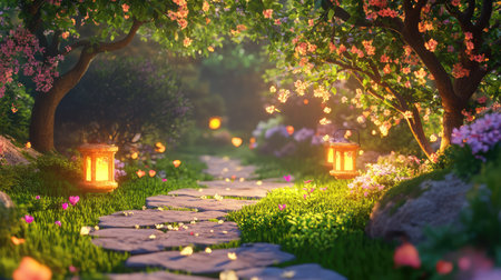 A serene garden pathway invites viewers to explore a magical world filled with colorful blossoms and glowing lanterns, creating a perfect atmosphere.の素材
