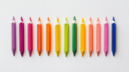 A vibrant assortment of crayon pencils neatly lined up on a clean white surface, perfect for drawing and creative projects. Ideal for art enthusiasts.の素材