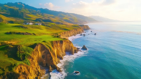 This stunning coastal scene captures the breathtaking cliffs and serene ocean at sunrise, showcasing lush greenery and inviting tranquility in nature.の素材