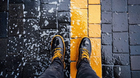 A dynamic image capturing a person's feet in stylish black and yellow boots on a wet pavement, surrounded by soap bubbles and vibrant colors.の素材