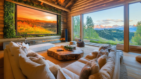 This inviting cabin interior features a spacious living room with large windows that frame breathtaking mountain views, accentuated by a warm sunset glow.の素材