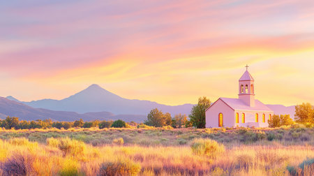 A picturesque church nestled in golden fields with stunning mountains in the background. The sunrise casts a warm glow on the landscape, offering tranquility.の素材