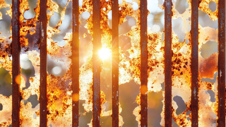 A close-up of rusty metal bars reveals textures of corrosion and decay, with sunlight streaming through, creating a captivating and artistic visual.の素材