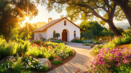 A beautiful country house nestled among vibrant flowers and shifting greenery, illuminated by soft morning light, offers tranquility and scenic beauty.の素材