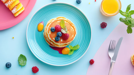A vibrant scene featuring a stack of fluffy pancakes topped with fresh berries and mint, set against a pastel background, perfect for breakfast or brunch photography.の素材