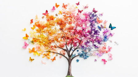 This vibrant artwork features a beautifully crafted tree adorned with colorful leaves and butterflies, creating a joyful and serene atmosphere perfect for spring and summer themes.の素材