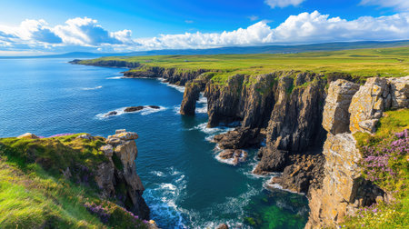 Breathtaking view of rocky cliffs meeting turquoise ocean waves under a bright blue sky, capturing the essence of coastal beauty and tranquility.の素材