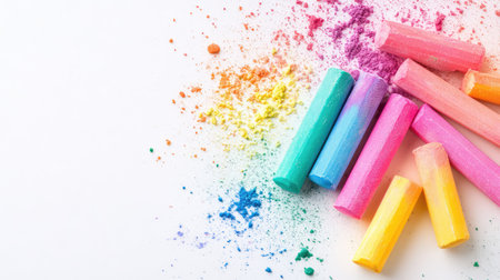 A vibrant array of colorful chalk sticks scattered on a clean surface, showcasing artistic potential and creative play perfect for educational and fun projects.の素材