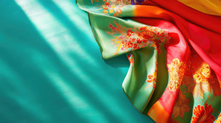 This image features a beautifully draped silk fabric with intricate floral patterns in vibrant colors, creating a stunning visual contrast against a solid background.の素材